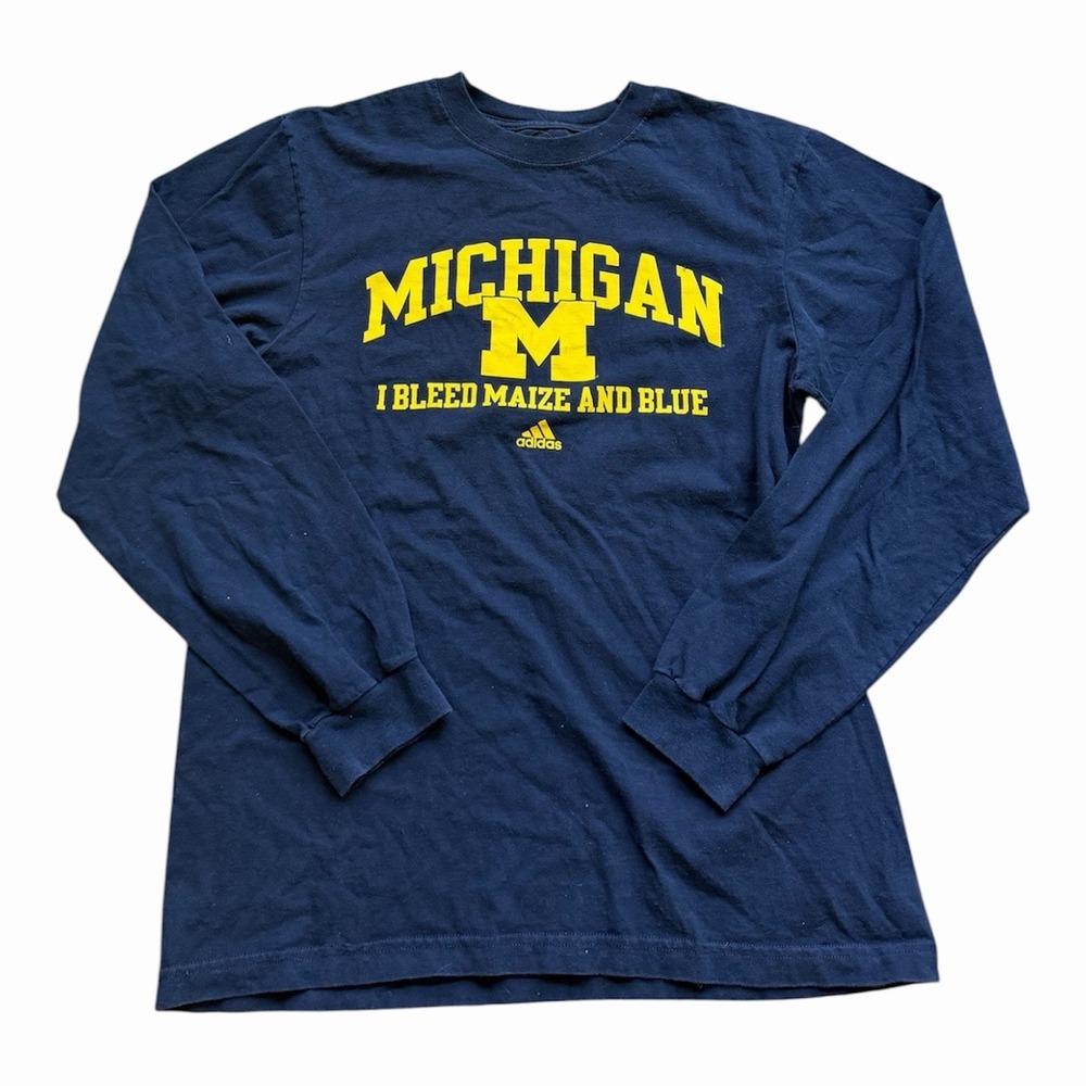 University Of Michigan Long Sleeve Tee Navy Blue Men's L 100% Cotton Adidas